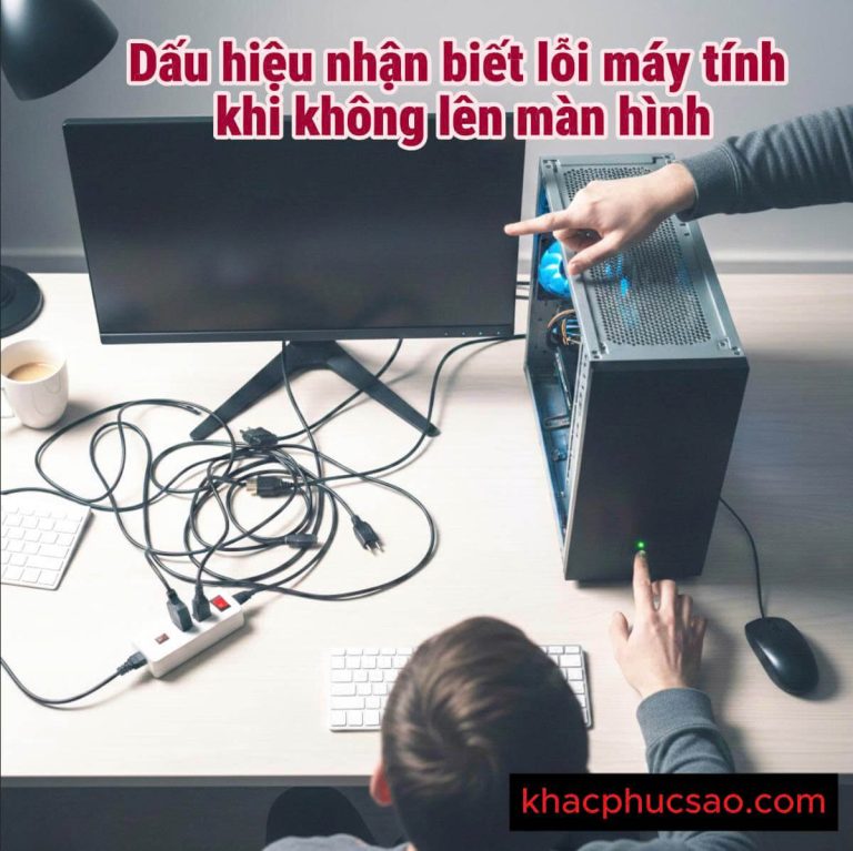 Người dùng đang kiểm tra nút nguồn và dây cáp khi gặp lỗi máy tính không lên màn hình.