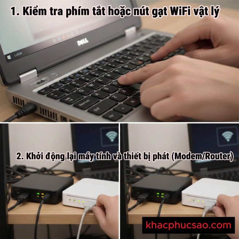 Máy tính không kết nối được WiFi – kiểm tra phím WiFi và khởi động lại modem/router